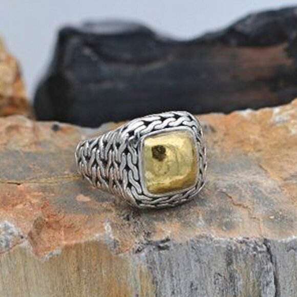 VINTAGE JOHN HARDY 22 KT YELLOW GOLD & 925 SILVER PALU HAMMERED COCKTAIL RING - Picture 3 of 16